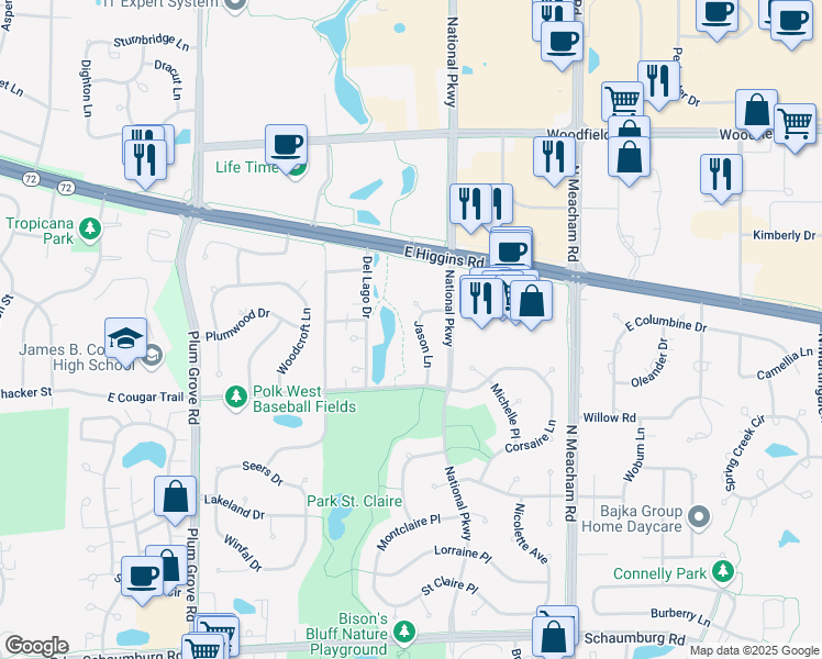 map of restaurants, bars, coffee shops, grocery stores, and more near 424 Jason Lane in Schaumburg