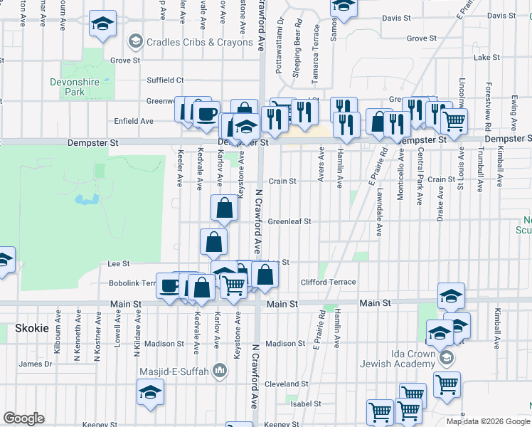 map of restaurants, bars, coffee shops, grocery stores, and more near 8609 Crawford Avenue in Skokie