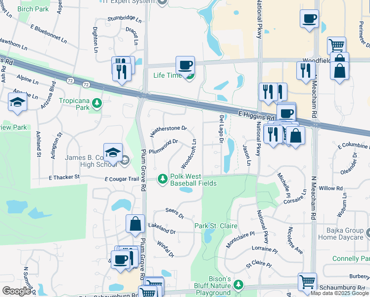 map of restaurants, bars, coffee shops, grocery stores, and more near 837 Plumwood Drive in Schaumburg