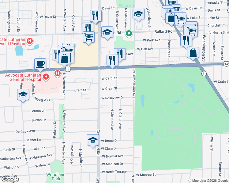 map of restaurants, bars, coffee shops, grocery stores, and more near 8501 West Crain Street in Niles