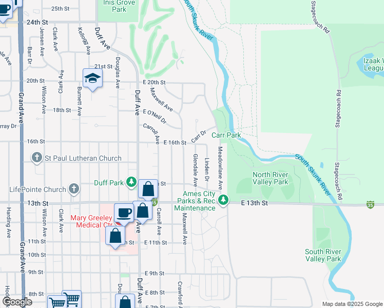 map of restaurants, bars, coffee shops, grocery stores, and more near 1517 Glendale Avenue in Ames