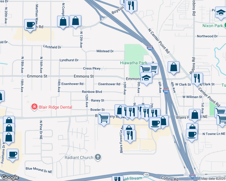 map of restaurants, bars, coffee shops, grocery stores, and more near 1038 Rainbow Boulevard in Hiawatha