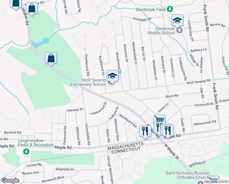map of restaurants, bars, coffee shops, grocery stores, and more near 62 Wolf Swamp Road in Longmeadow