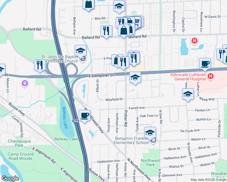 map of restaurants, bars, coffee shops, grocery stores, and more near 1735 Evergreen Lane in Park Ridge