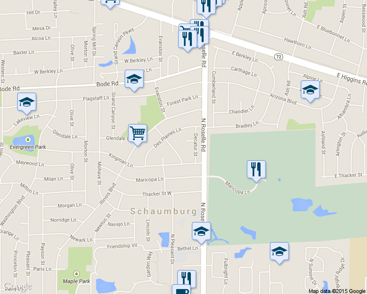 map of restaurants, bars, coffee shops, grocery stores, and more near 80 Douglas Court in Hoffman Estates
