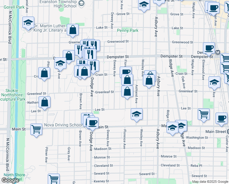 map of restaurants, bars, coffee shops, grocery stores, and more near Greenleaf Street & Dewey Avenue in Evanston