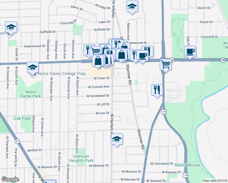map of restaurants, bars, coffee shops, grocery stores, and more near 7150 West Greenleaf Street in Niles