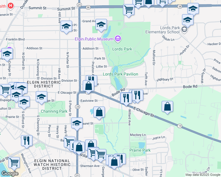 map of restaurants, bars, coffee shops, grocery stores, and more near 717 Linden Avenue in Elgin