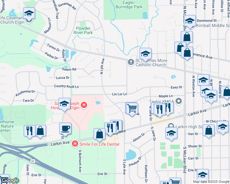 map of restaurants, bars, coffee shops, grocery stores, and more near 1790 Lin Lor Lane in Elgin