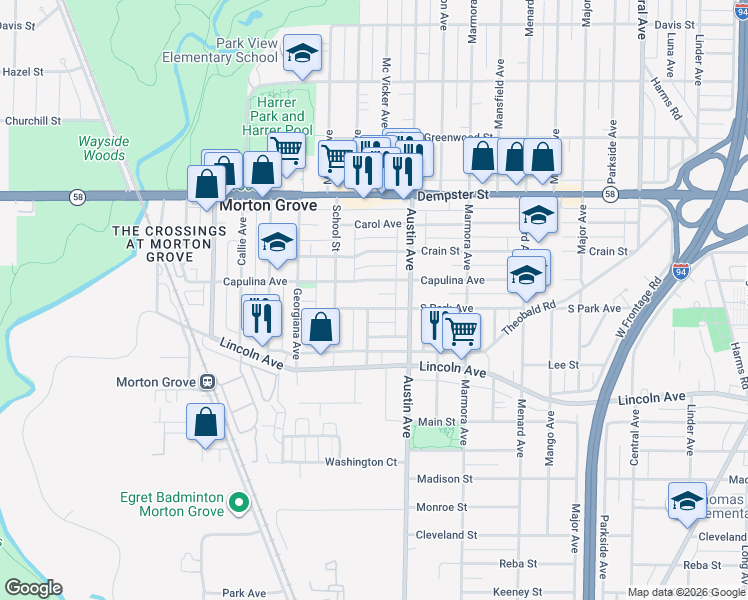 map of restaurants, bars, coffee shops, grocery stores, and more near 6040 South Park Avenue in Morton Grove