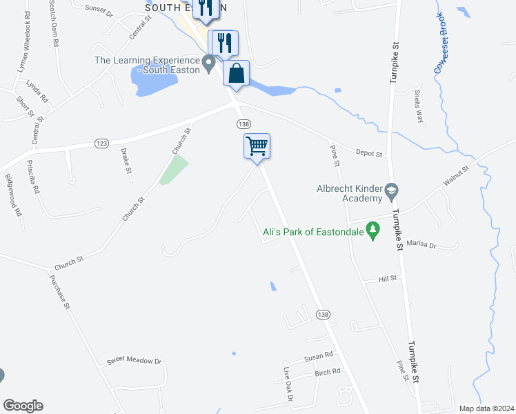 map of restaurants, bars, coffee shops, grocery stores, and more near 6 Adam Street in Easton