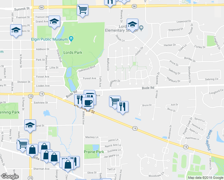 map of restaurants, bars, coffee shops, grocery stores, and more near 905 Bode Road in Elgin
