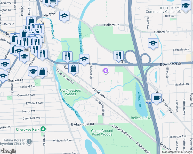 map of restaurants, bars, coffee shops, grocery stores, and more near 904 Parkview Lane in Des Plaines