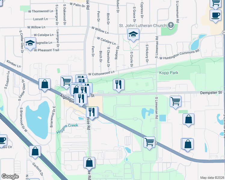 map of restaurants, bars, coffee shops, grocery stores, and more near 1510 West Dempster Street in Mount Prospect