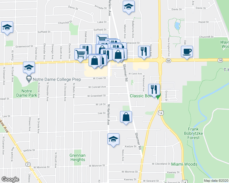 map of restaurants, bars, coffee shops, grocery stores, and more near 7150 West Greenleaf Street in Niles