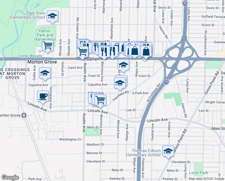 map of restaurants, bars, coffee shops, grocery stores, and more near 5818 South Park Avenue in Morton Grove