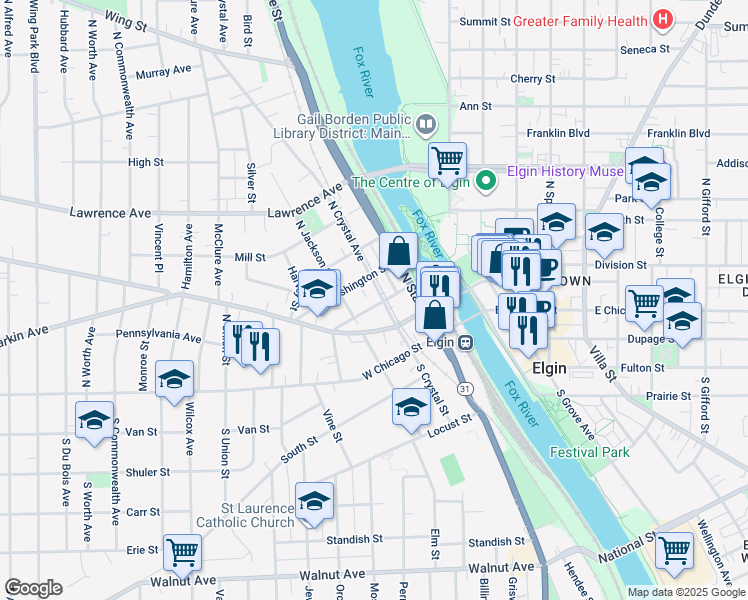 map of restaurants, bars, coffee shops, grocery stores, and more near 304 Mountain Street in Elgin