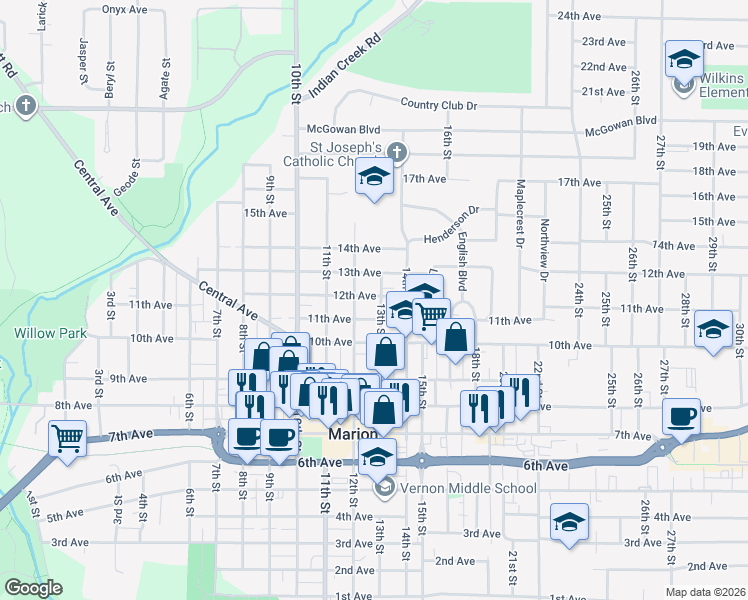 map of restaurants, bars, coffee shops, grocery stores, and more near 1194 13th Street in Marion