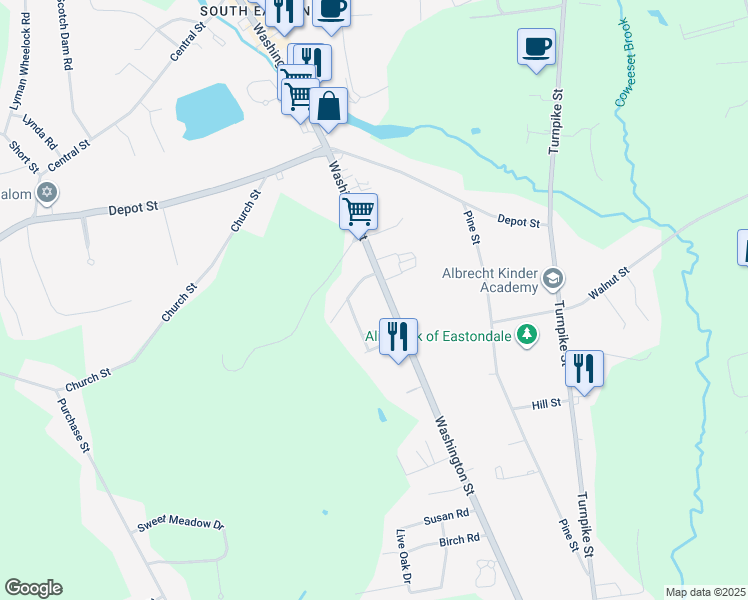 map of restaurants, bars, coffee shops, grocery stores, and more near 741 Washington Street in Easton