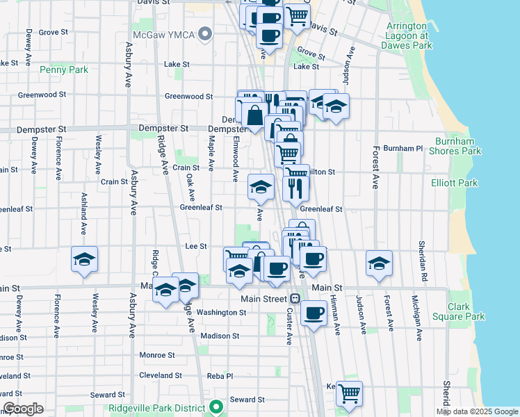 map of restaurants, bars, coffee shops, grocery stores, and more near 800 Greenleaf Street in Evanston