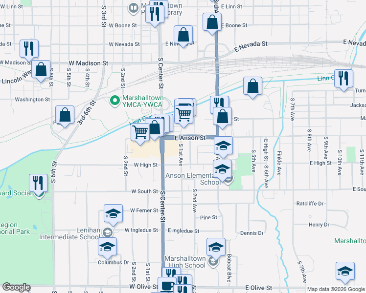 map of restaurants, bars, coffee shops, grocery stores, and more near 901-999 South 1st Avenue in Marshalltown