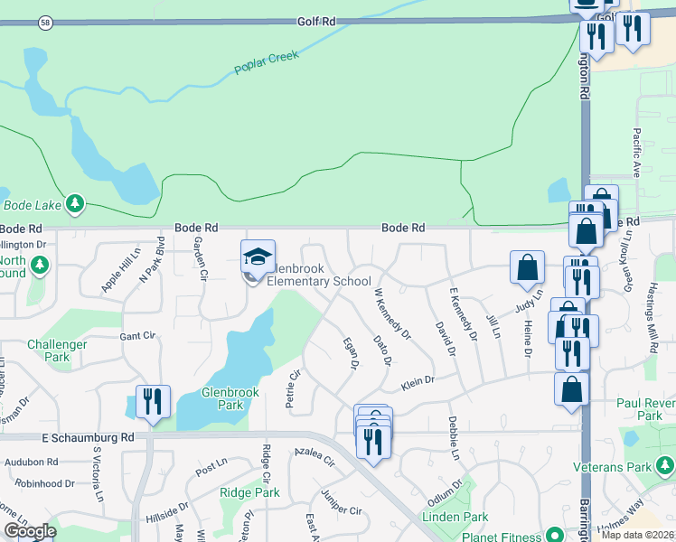 map of restaurants, bars, coffee shops, grocery stores, and more near 320 Kosan Circle in Streamwood