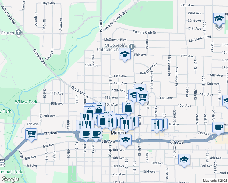 map of restaurants, bars, coffee shops, grocery stores, and more near 1185 12th Avenue in Marion