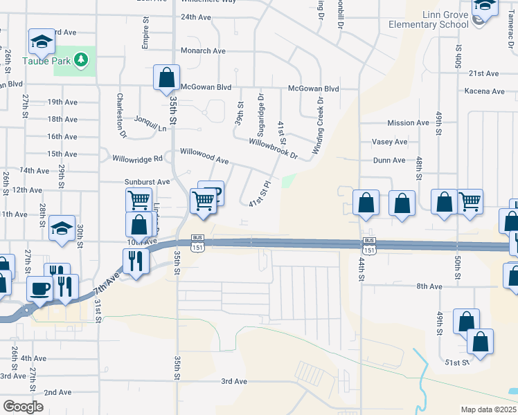 map of restaurants, bars, coffee shops, grocery stores, and more near 1361 41st Street Place in Marion