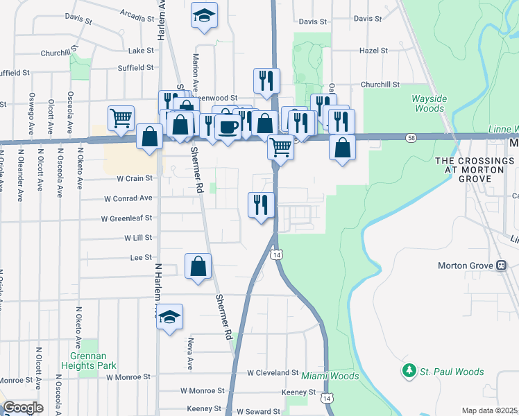 map of restaurants, bars, coffee shops, grocery stores, and more near 8600 Waukegan Road in Morton Grove