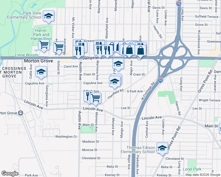 map of restaurants, bars, coffee shops, grocery stores, and more near 5818 South Park Avenue in Morton Grove