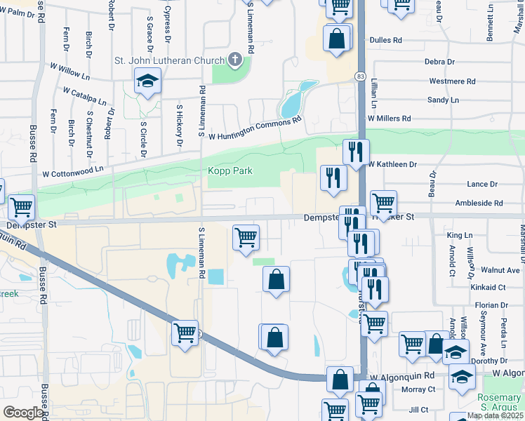 map of restaurants, bars, coffee shops, grocery stores, and more near 530 Dempster Street in Mount Prospect