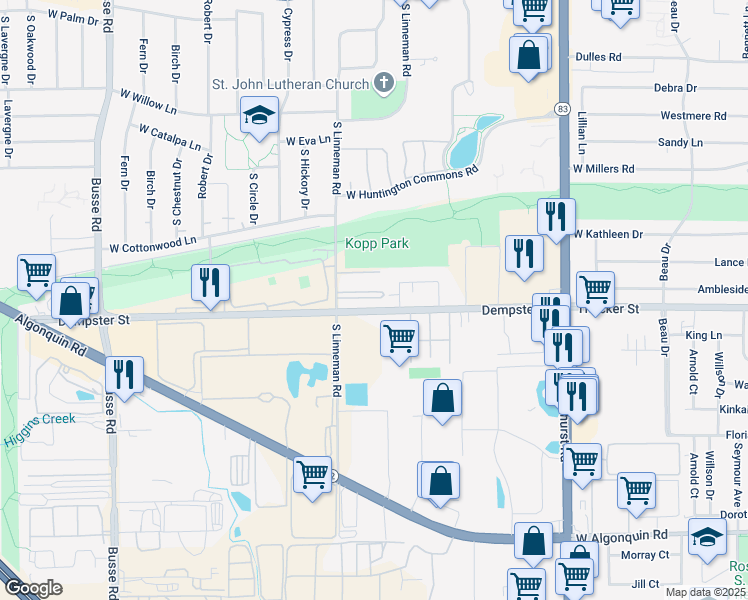 map of restaurants, bars, coffee shops, grocery stores, and more near 648 Dempster Avenue in Mount Prospect