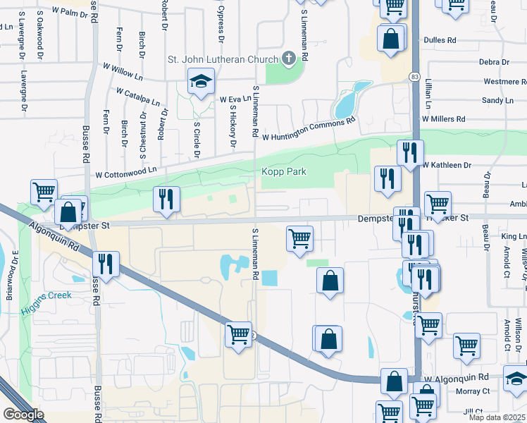 map of restaurants, bars, coffee shops, grocery stores, and more near 648 Dempster Avenue in Mount Prospect