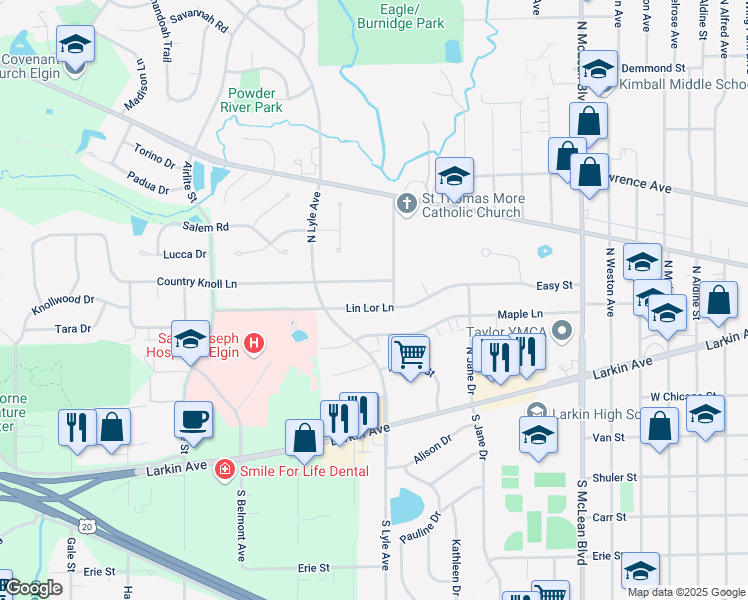 map of restaurants, bars, coffee shops, grocery stores, and more near 1790 Lin Lor Lane in Elgin