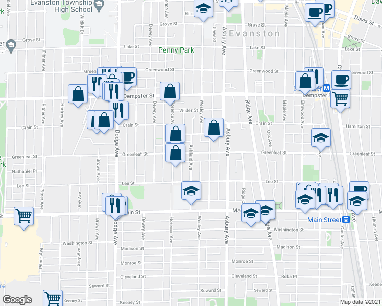 map of restaurants, bars, coffee shops, grocery stores, and more near Greenleaf Street & Ashland Avenue in Evanston