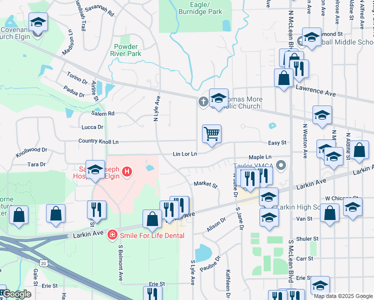 map of restaurants, bars, coffee shops, grocery stores, and more near 1790 Lin Lor Lane in Elgin