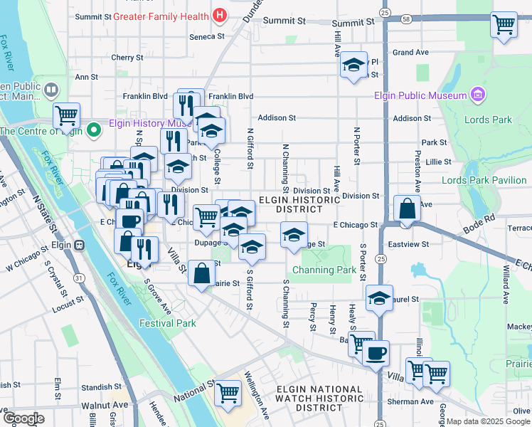 map of restaurants, bars, coffee shops, grocery stores, and more near 416 East Chicago Street in Elgin