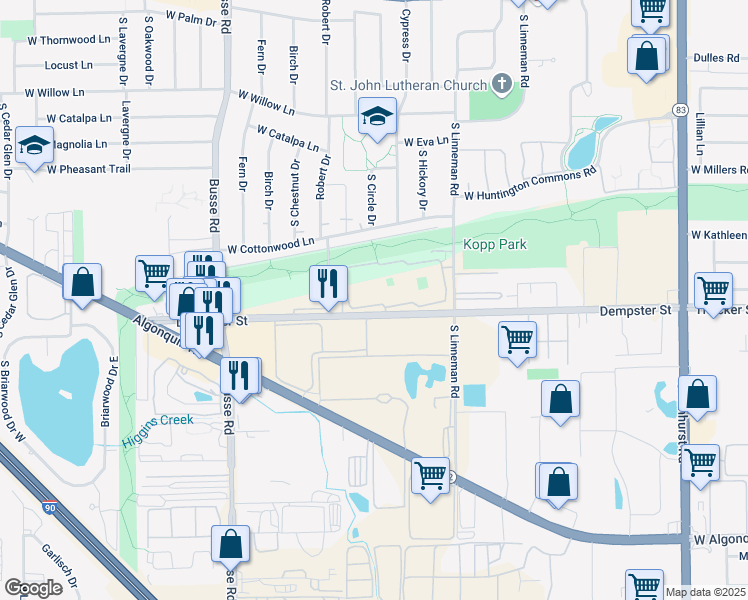 map of restaurants, bars, coffee shops, grocery stores, and more near 728 Dempster Street in Mount Prospect