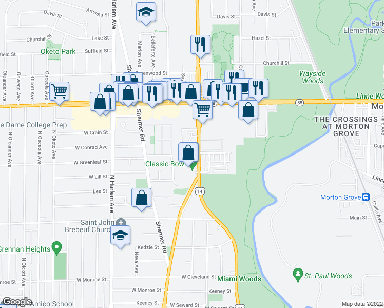 map of restaurants, bars, coffee shops, grocery stores, and more near 8600 Waukegan Road in Morton Grove