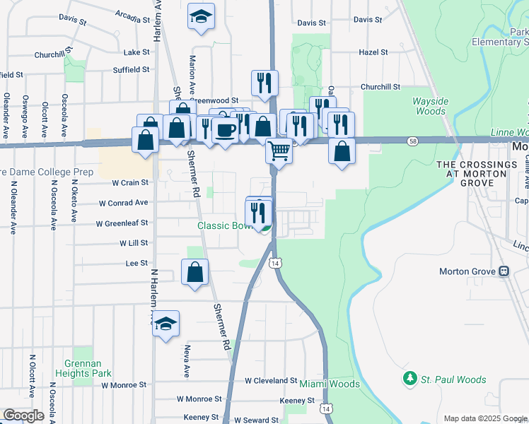 map of restaurants, bars, coffee shops, grocery stores, and more near 8600 Waukegan Road in Morton Grove