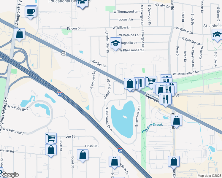 map of restaurants, bars, coffee shops, grocery stores, and more near 2651 South Cedar Glen Drive in Arlington Heights