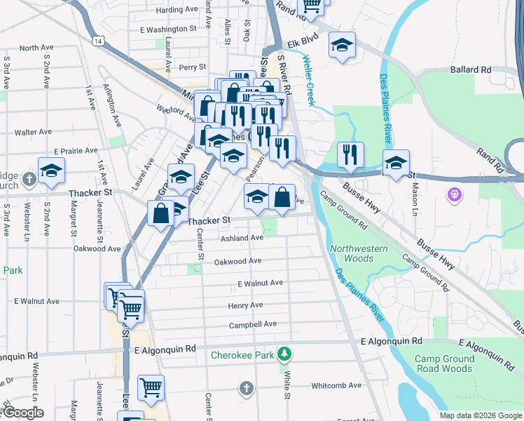 map of restaurants, bars, coffee shops, grocery stores, and more near 1526 Thacker Street in Des Plaines