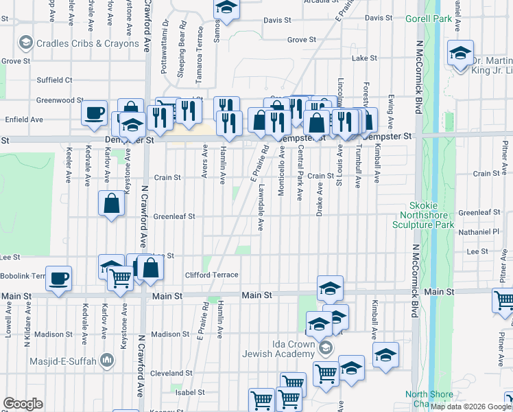 map of restaurants, bars, coffee shops, grocery stores, and more near 8612 Lawndale Avenue in Skokie