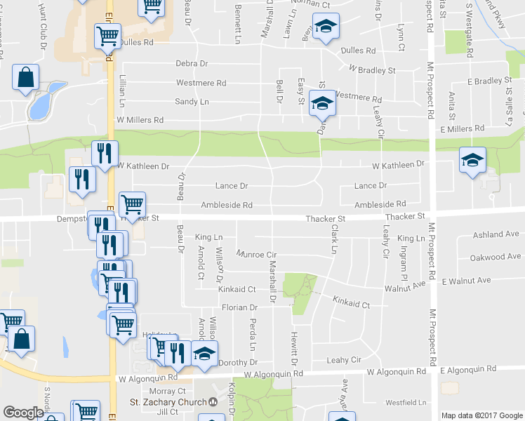 map of restaurants, bars, coffee shops, grocery stores, and more near 413 Ambleside Road in Des Plaines