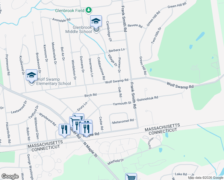 map of restaurants, bars, coffee shops, grocery stores, and more near 200 Birch Road in Longmeadow