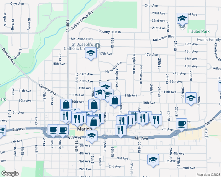 map of restaurants, bars, coffee shops, grocery stores, and more near 1130 English Boulevard in Marion