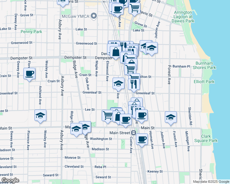 map of restaurants, bars, coffee shops, grocery stores, and more near 807 Greenleaf Street in Evanston