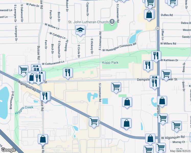 map of restaurants, bars, coffee shops, grocery stores, and more near 710 Dempster Street in Mount Prospect