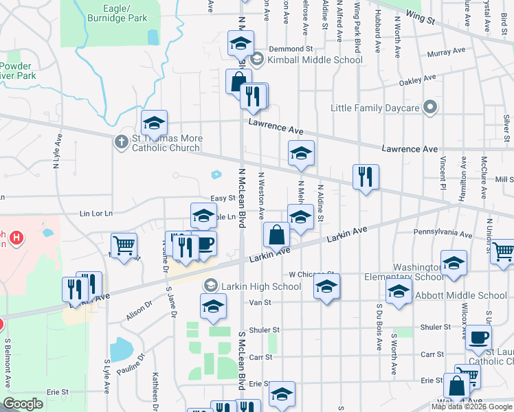map of restaurants, bars, coffee shops, grocery stores, and more near 1300 Wolff Avenue in Elgin