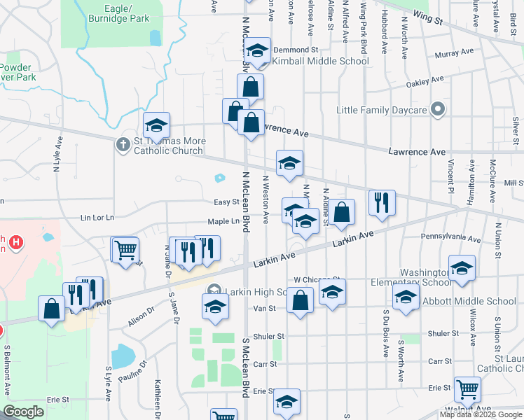 map of restaurants, bars, coffee shops, grocery stores, and more near 1300 Wolff Avenue in Elgin